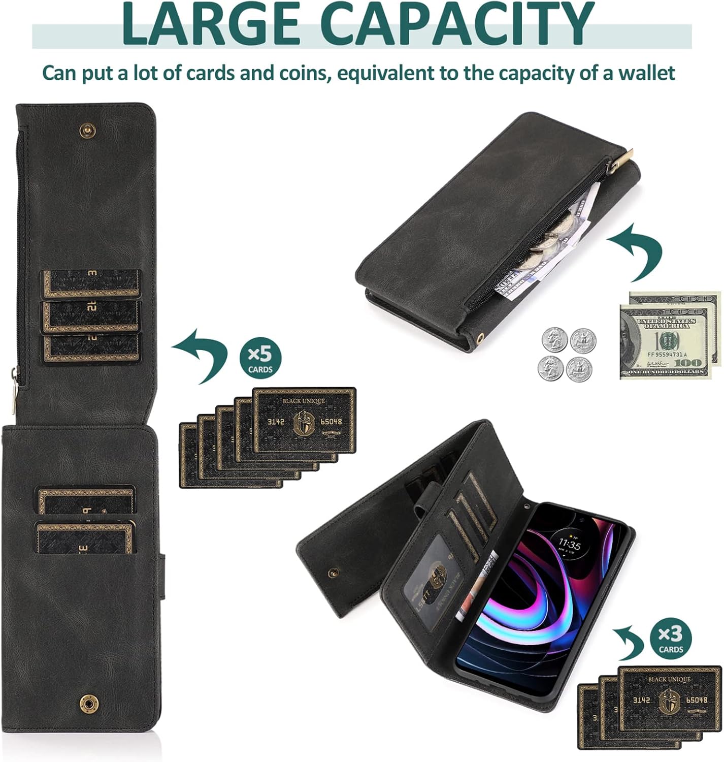 Asuwish Funda tipo cartera compatible con Motorola Moto Edge 2021MotoEdge 5G UW 2021, protector de pantalla de vidrio templado y cremallera, funda