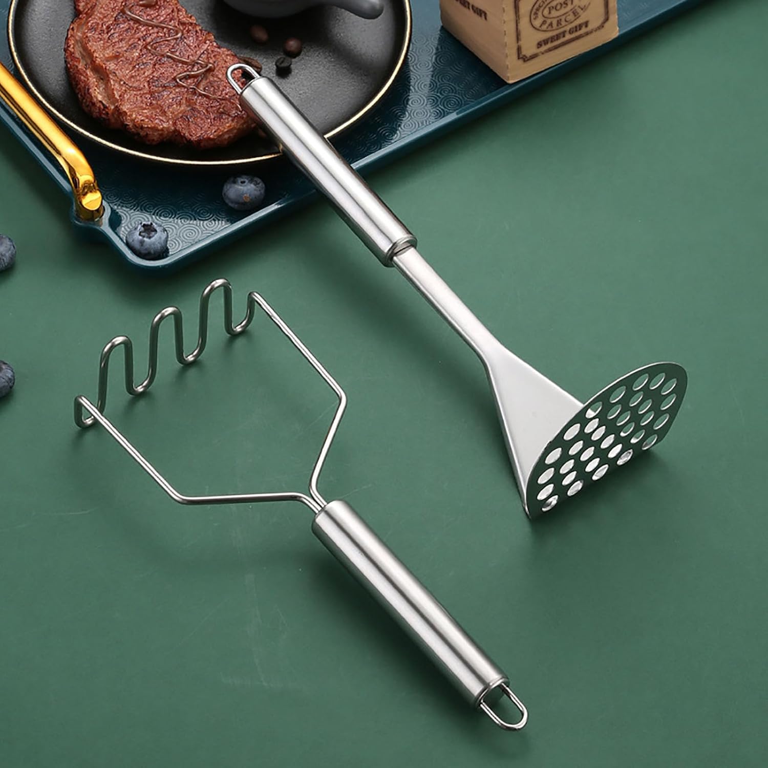 Paquete de 2 machacadores de patatas, de acero inoxidable, manual resistente, integrado, utensilios de cocina para patatas, aguacates, calabazas,