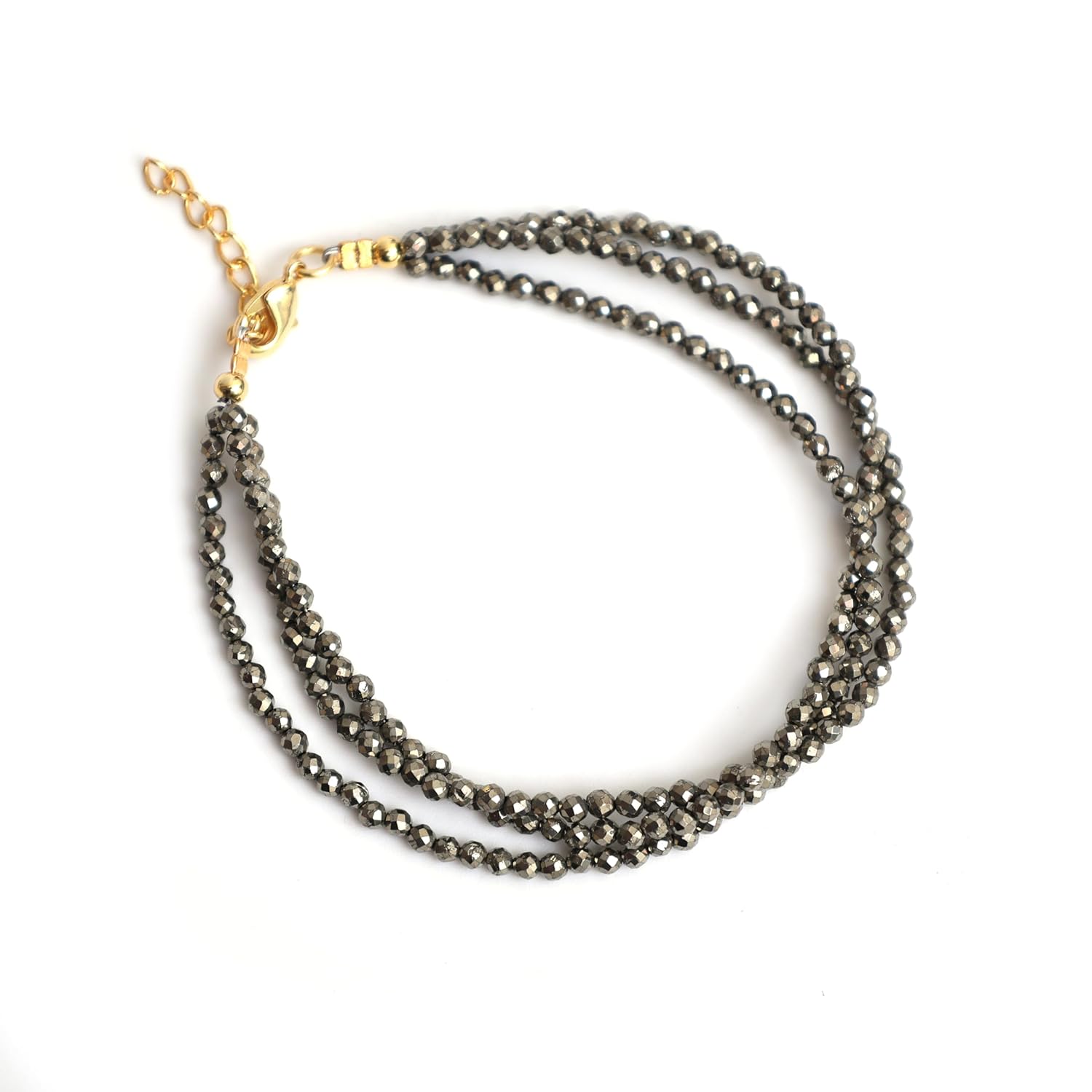 Gempires Pyrite 3 Layered Beaded Bracelet, Faceted Beads, Birthstone Healing Crystals, Gift for Her, 14k Gold Plated Jewelry for Women, 8 inch
