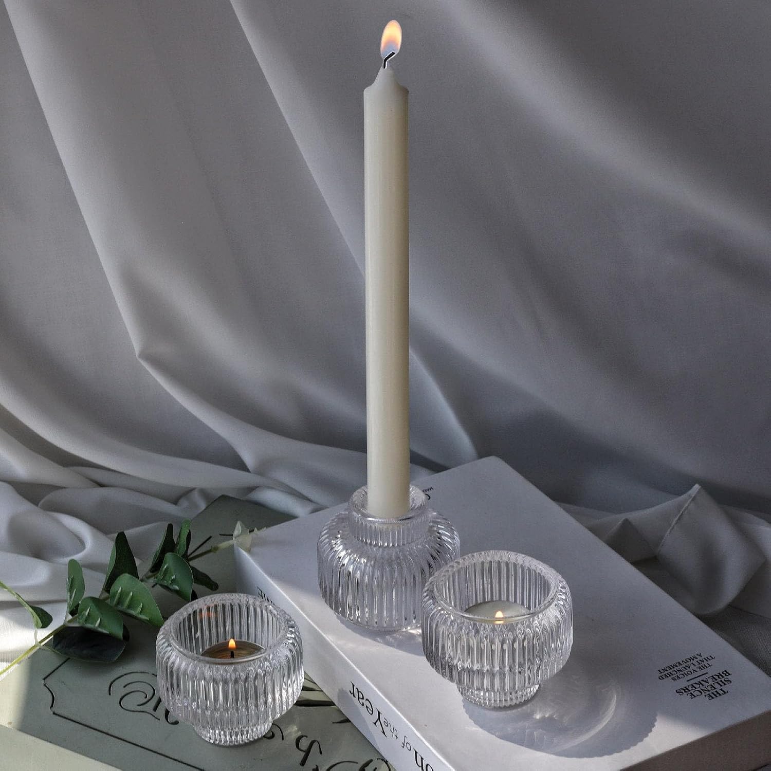 Woho Juego de 4 portavelas transparentes para mesa de boda, candelabros votivos de vidrio acanalado para fiesta de Navidad, decoración del hogar