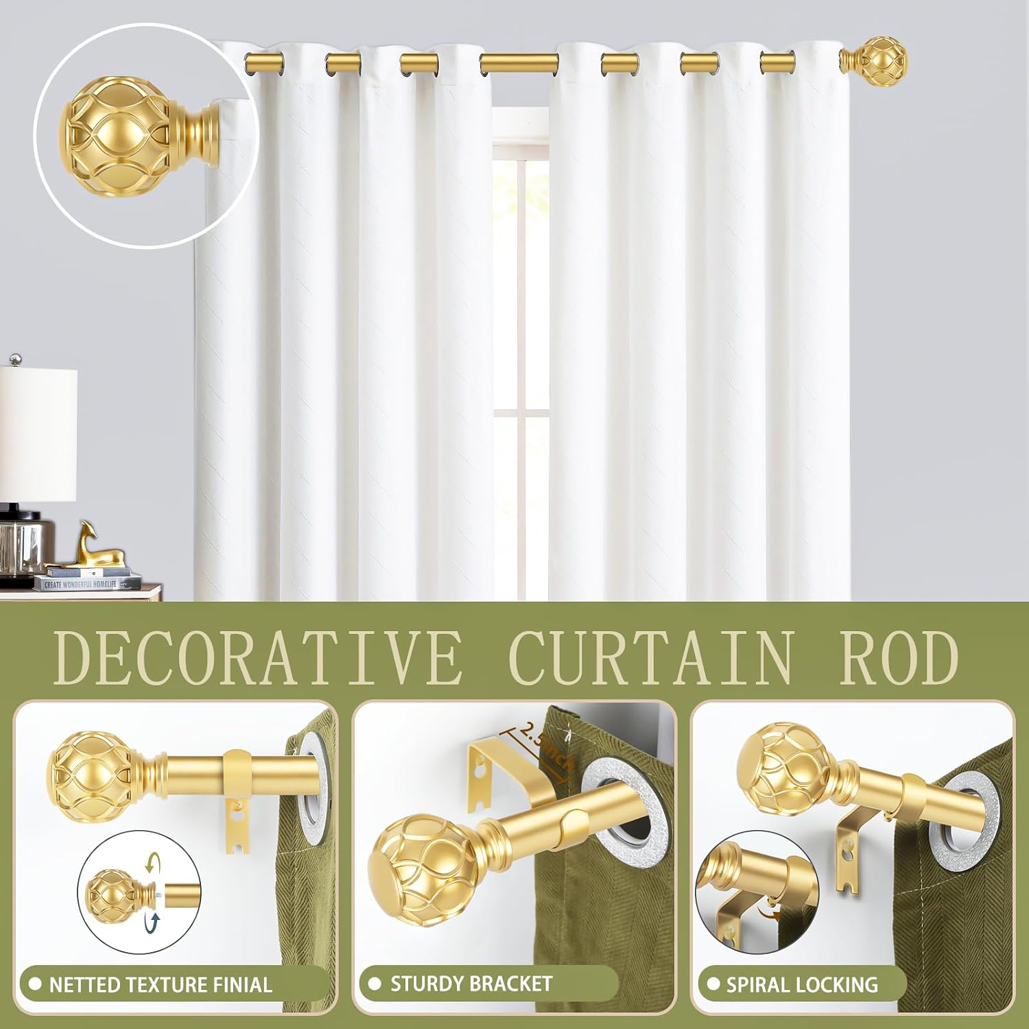 Cortineros dorados para ventanas de 48 a 84 pulgadas (4-7 pies), ajustable de 1 pulgada, resistentes, con remates de textura de red, de una sola