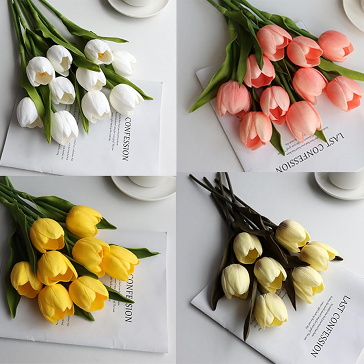 Buart Tulipán blanco y verde, flores artificiales de lujo, tulipán grande, día de San Valentín, día de la madre, Pascua, hogar, cocina, decoración