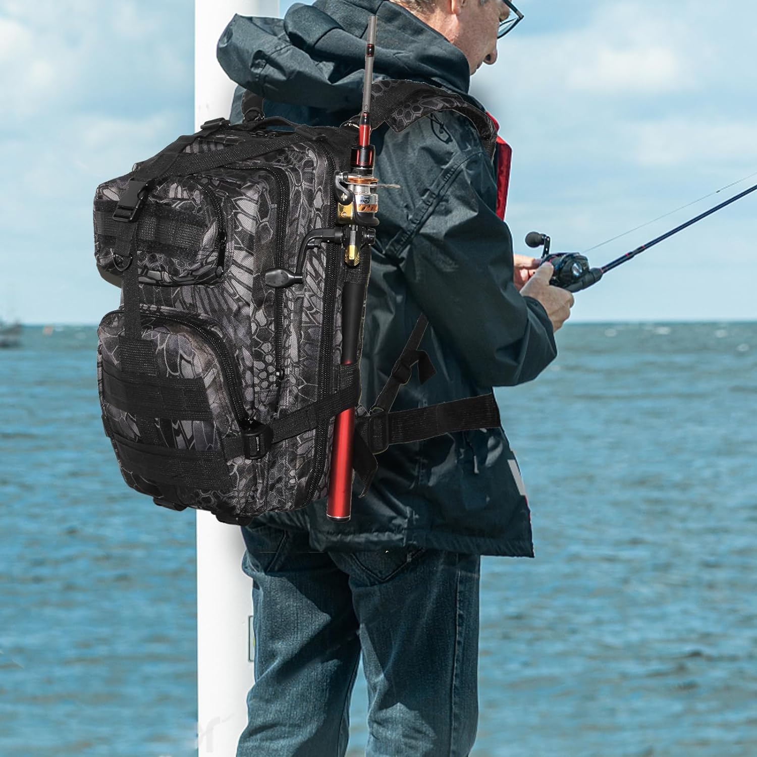 Ghanneey Mochila de aparejos de pesca, mochila de hombro al aire libre con soporte para caña de pescar, senderismo, caza, camping, A-negro y gris,
