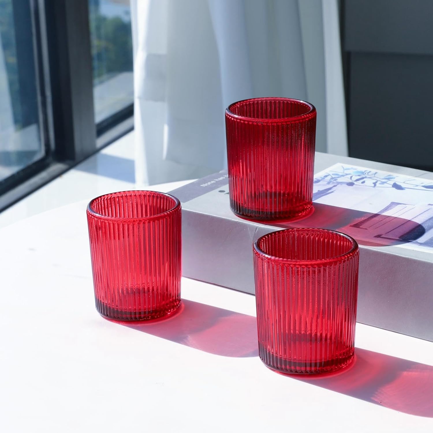 24 portavelas votivas rojas para centro de mesa, portavelas acanalado para decoración de Navidad y día de San Valentín, soporte votivo de vidrio