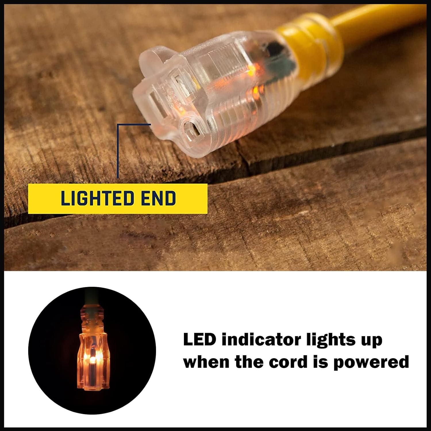 Cable de extensión iluminado para exteriores de 50 pies – Cable de extensión amarillo resistente SJTW 103 con enchufe de conexión a tierra de 3