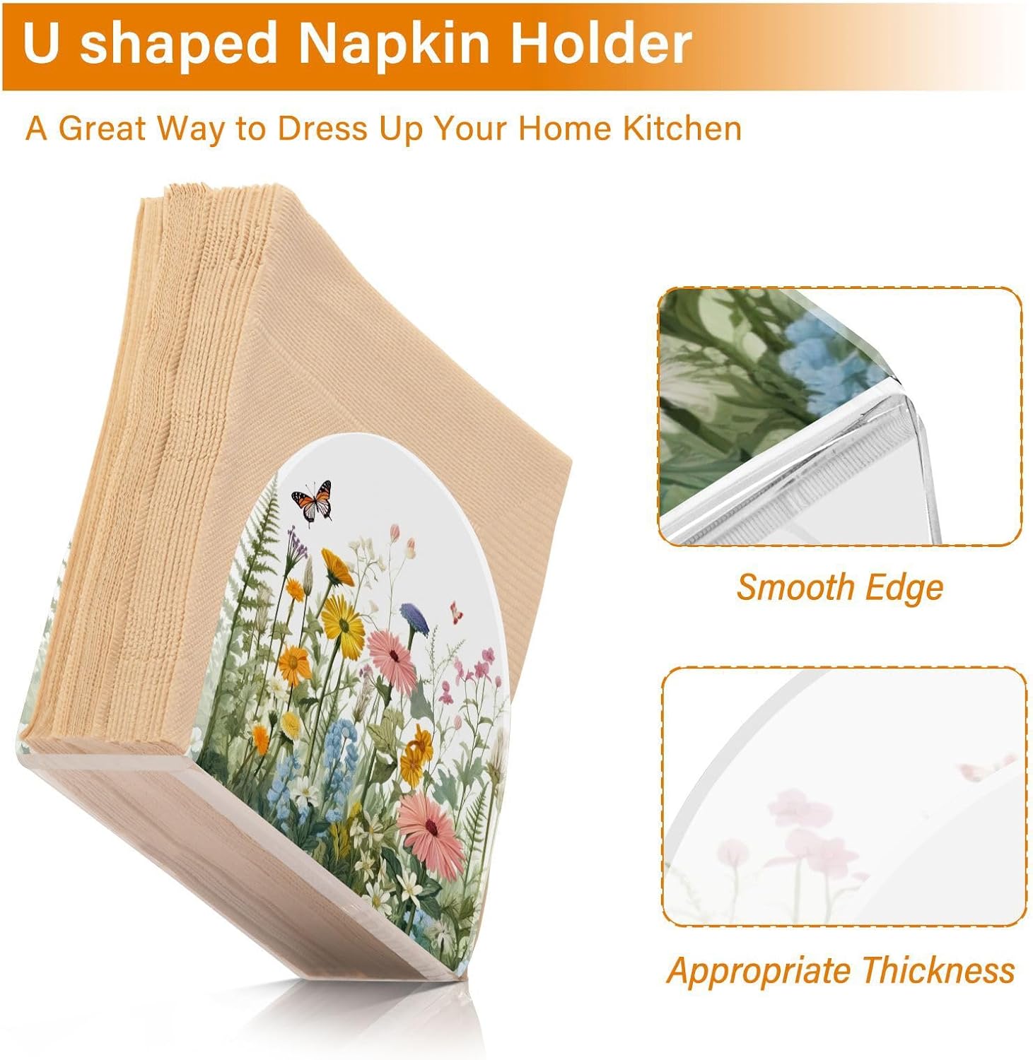 Napkin Holder Vivid Flowers and Butterfly Napkin Holders for Tables, Clear Acrylic Napkin Holders Cocktail Napkin Holder for Kitchen Restaurant Bar