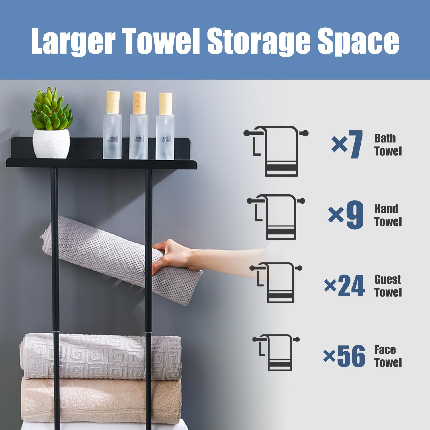Toalleros para baño montados en la pared, toallero ajustable de 15-30 pulgadas con estante, 3 ganchos y para toallas enrolladas, almacenamiento de