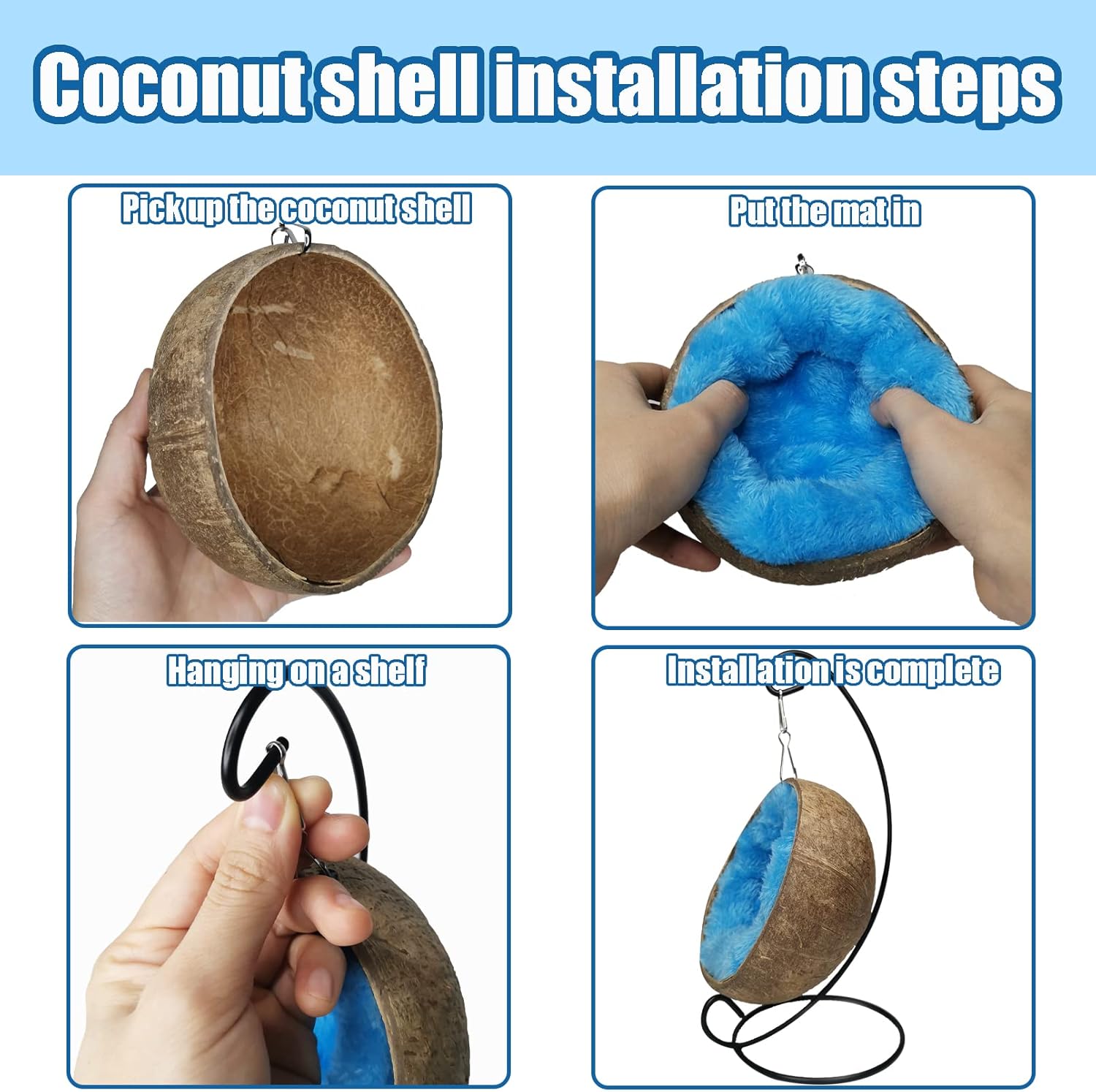 Fhiny Hamaca escondida de hámster de coco, casa de cama de cáscara de coco cruda natural con almohadilla cálida, decoración de hábitat de animales