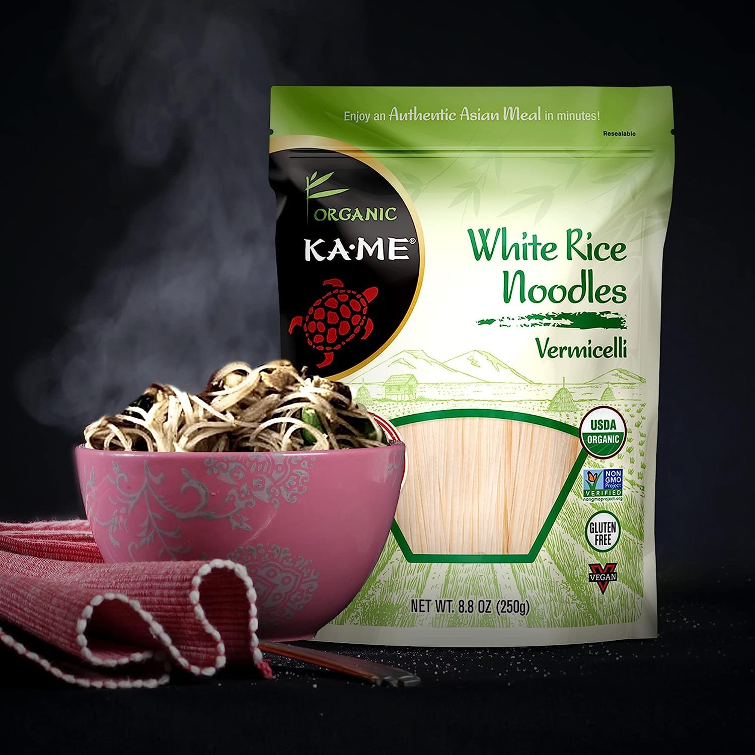 KA-ME Fideos de arroz orgánicos, fideos de calidad premium, sin gluten, sin conservantes ni MSG, un alimento básico tailandés y del sudeste