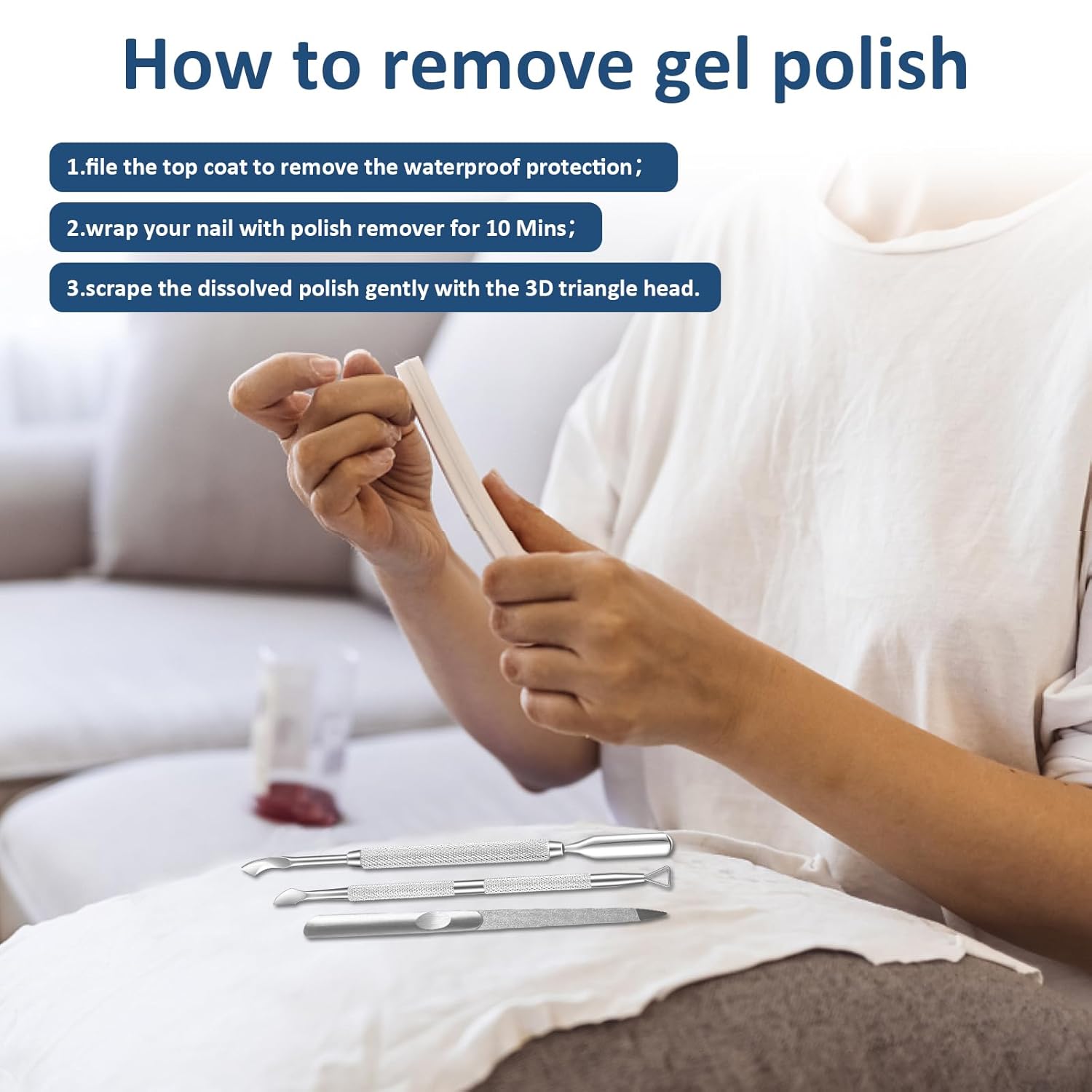 Juego de 3 empujadores de cutículas y removedor de esmalte de gel con limas de uñas, calidad de salón de belleza, pelador de esmalte de uñas de gel