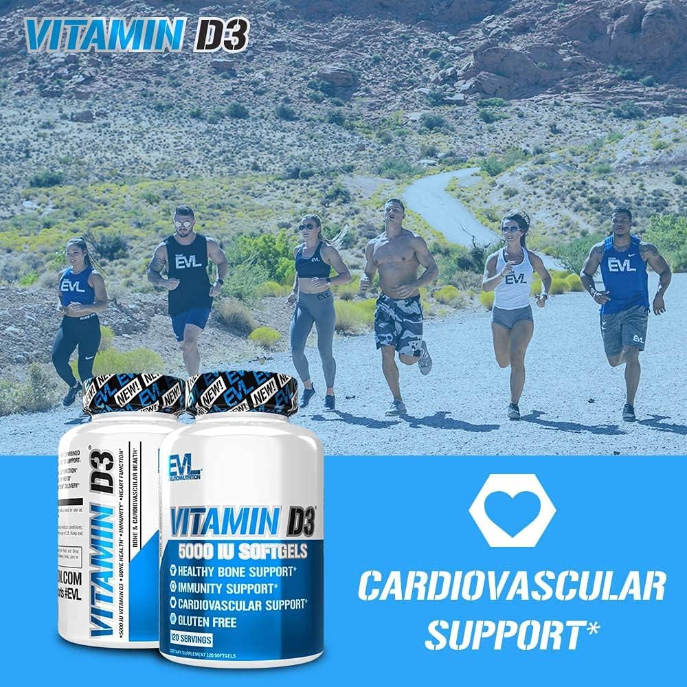 Evlution Nutrición Vitamina D3, 5000 UI de alta potencia, apoyo óseo y articular para la salud del sistema inmunológico, sin OMG y sin gluten,