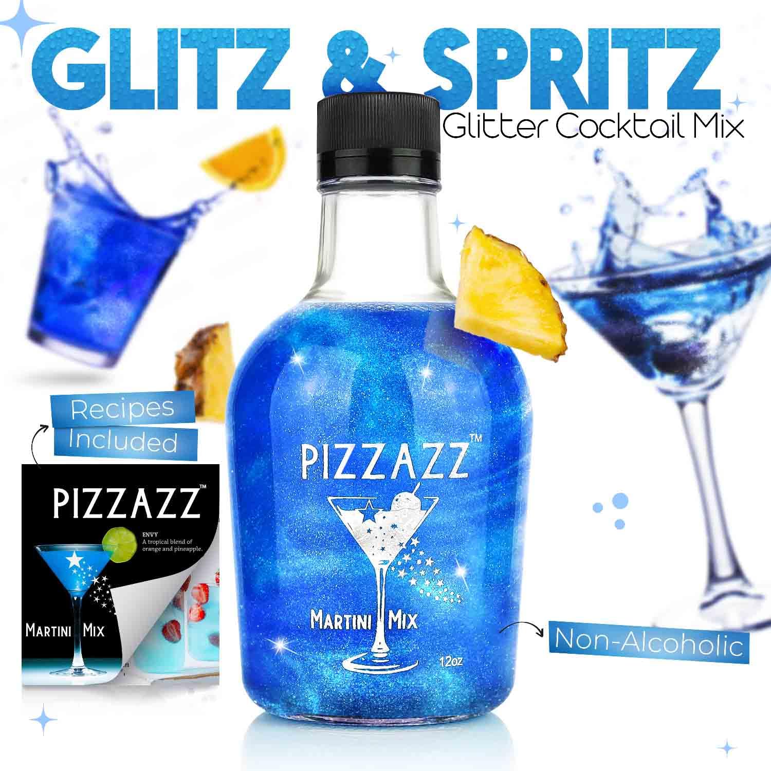 Pizzazz Blue Envy – Mezcla de Martini con purpurina comestible para bebidas (12 onzas), mezcladores de bebidas prémium para cócteles, mezclador de