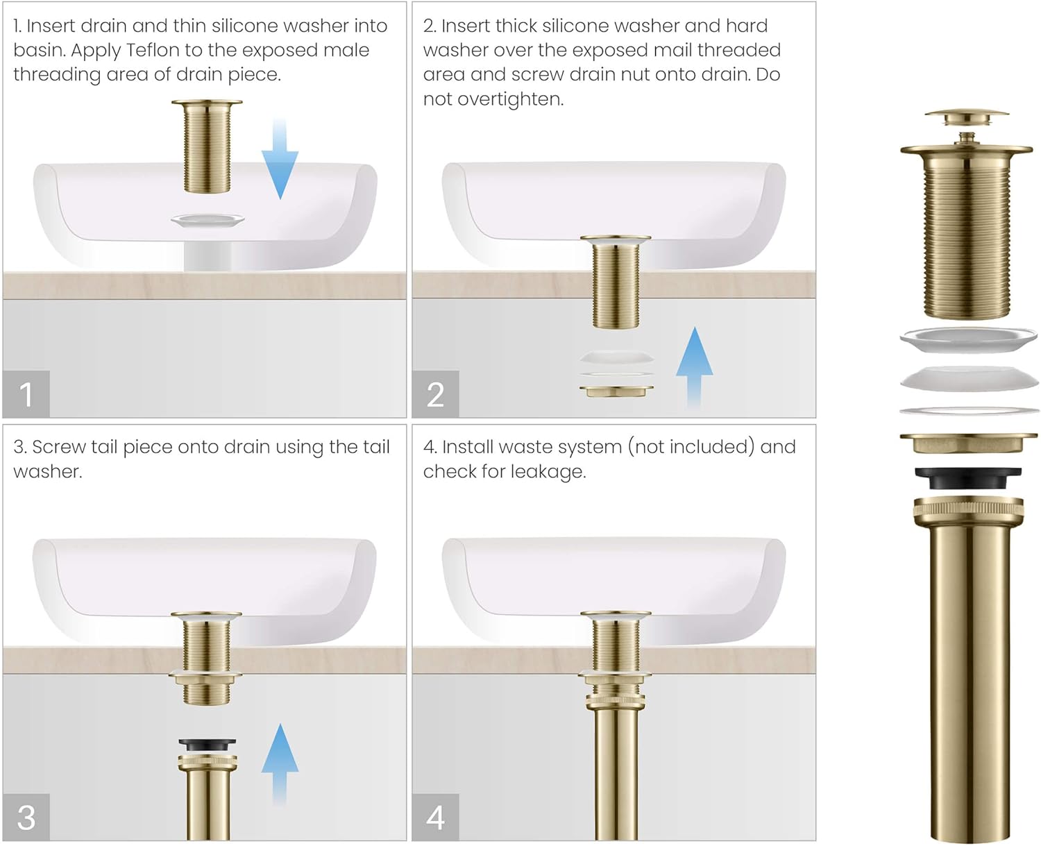 KIBI Grifo de recipiente de una sola manija para lavabo de baño  Caño de latón macizo de arco alto (oro cepillado) (KBF1005) (drenaje desplegable