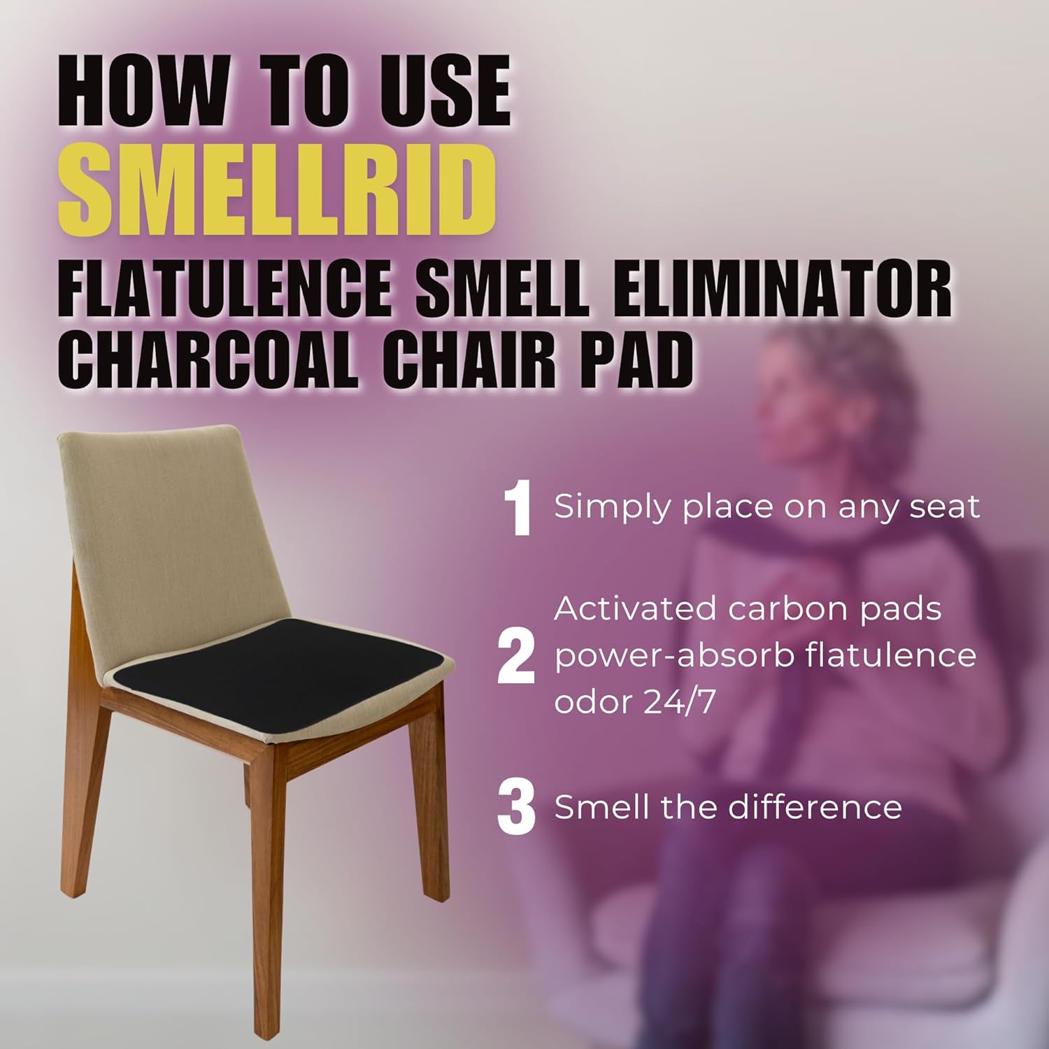 SMELLRID Almohadillas para silla de carbón activado Flatulence Odor Control de 16 x 16 pulgadas detienen el olor vergonzoso y protegen los asientos
