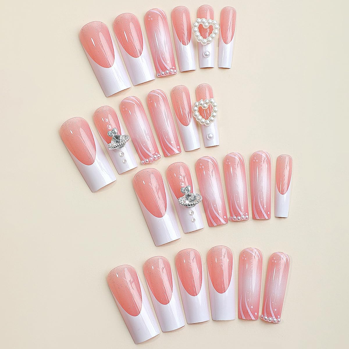Uñas postizas a presión de punta francesa, uñas postizas largas y cuadradas, color rosa, con pegamento, diseños de perlas de amor, uñas acrílicas