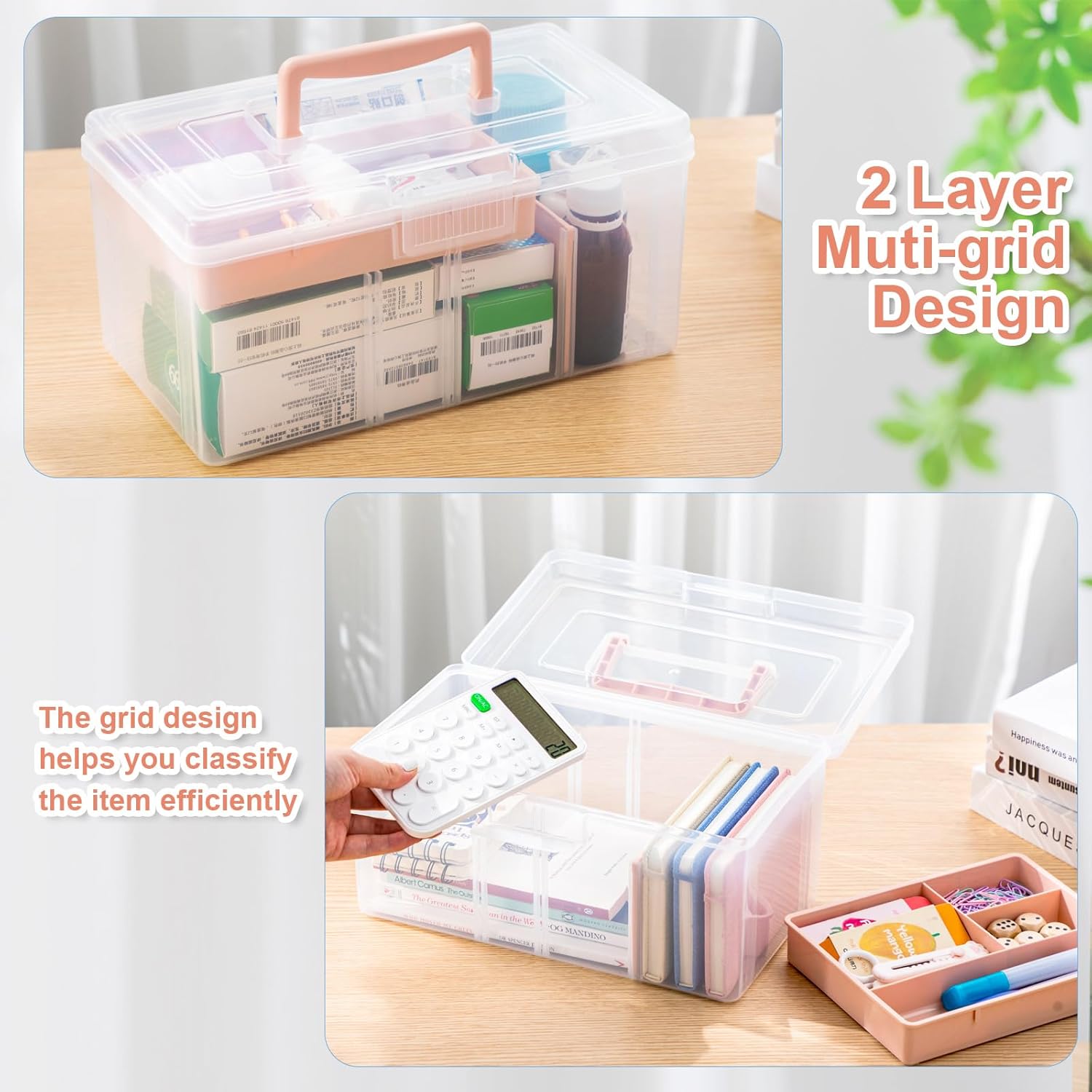 Leinuosen Caja de almacenamiento dividida de plástico transparente de 2 capas con bandeja extraíble, caja de almacenamiento multiusos de papelería