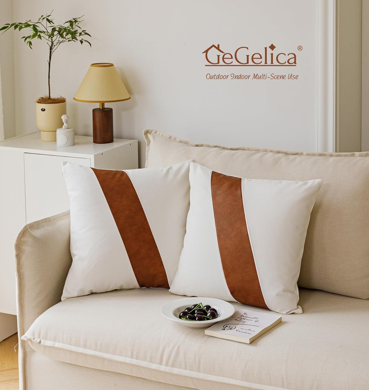 GEGELICA Juego de 2 fundas de almohada modernas de color blanco y marrón con acento de granja de estilo bohemio de 20 x 20 pulgadas, de lona suave,