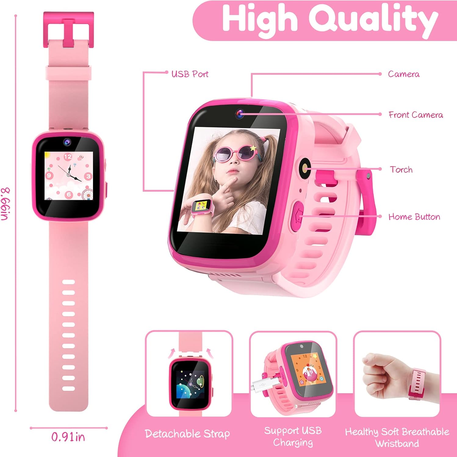Yehtta Reloj inteligente para niños, juguetes para niñas de 3 a 8 años, reloj HD doble cámara, reloj rosa para niños, regalos de cumpleaños para