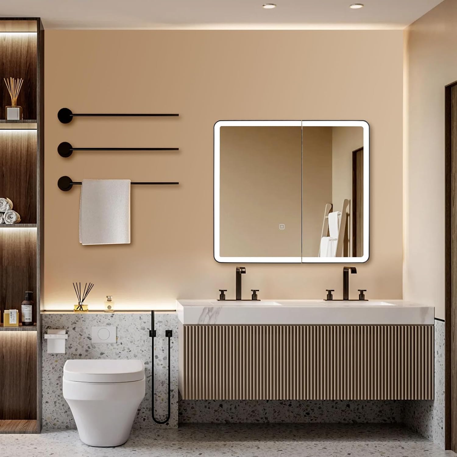 IDYLLOR Botiquín LED para baño con puerta de espejo con marco de esquina redonda, 22 x 20 pulgadas, empotrado o montaje en superficie, con estantes