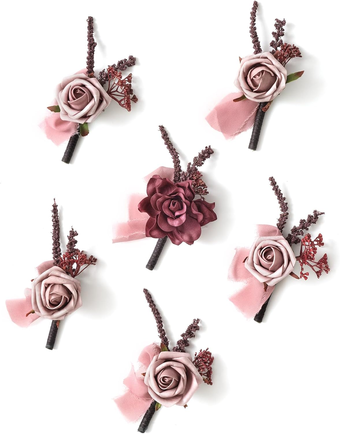 TINGE TIME Boutonniere – Juego de 6 boutonniere de boda para hombre, Boutonniere para novio, novio y padrino, juego de boutonniere para graduación,