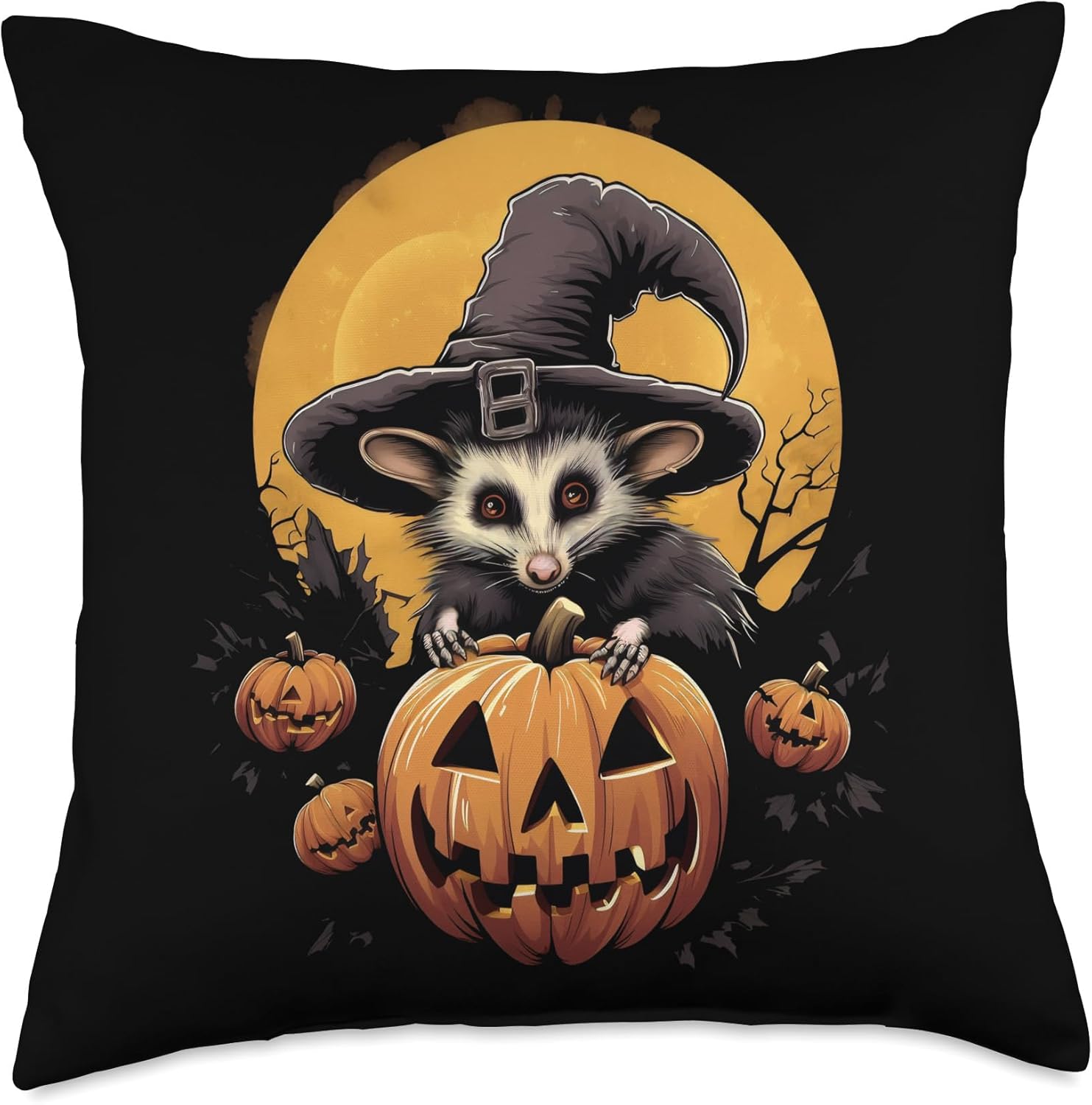 Possum Trick or Treat Halloween Party Cojín de disfraz de bruja de zarigüeya, calabaza, disfraz de Halloween, 18 x 18 pulgadas, multicolor