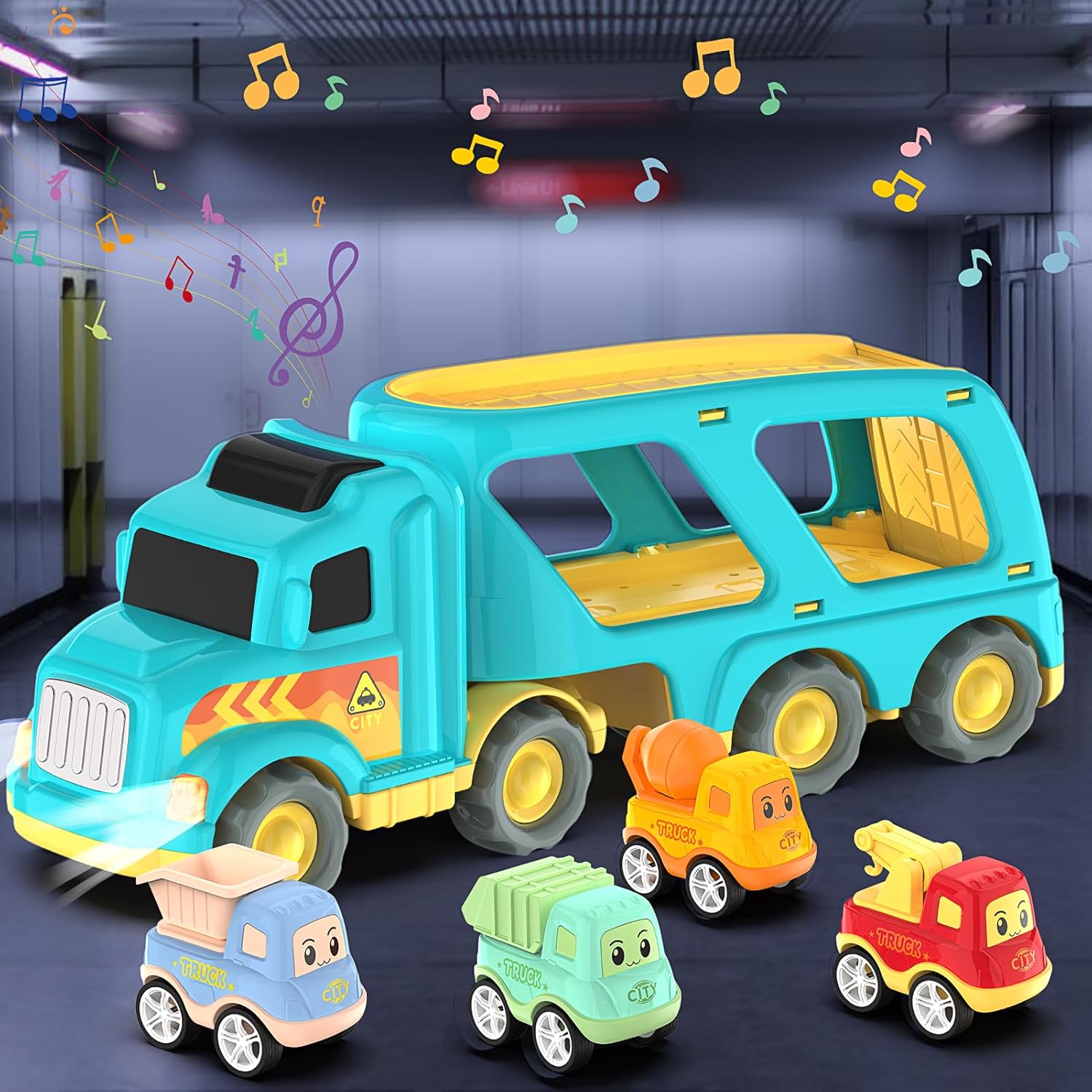 Moritakk Camión de construcción para niños y niñas de 3, 4, 5, 6, 7 años, transporte 5 en 1, vehículos urbanos de transporte, juguetes para niños de