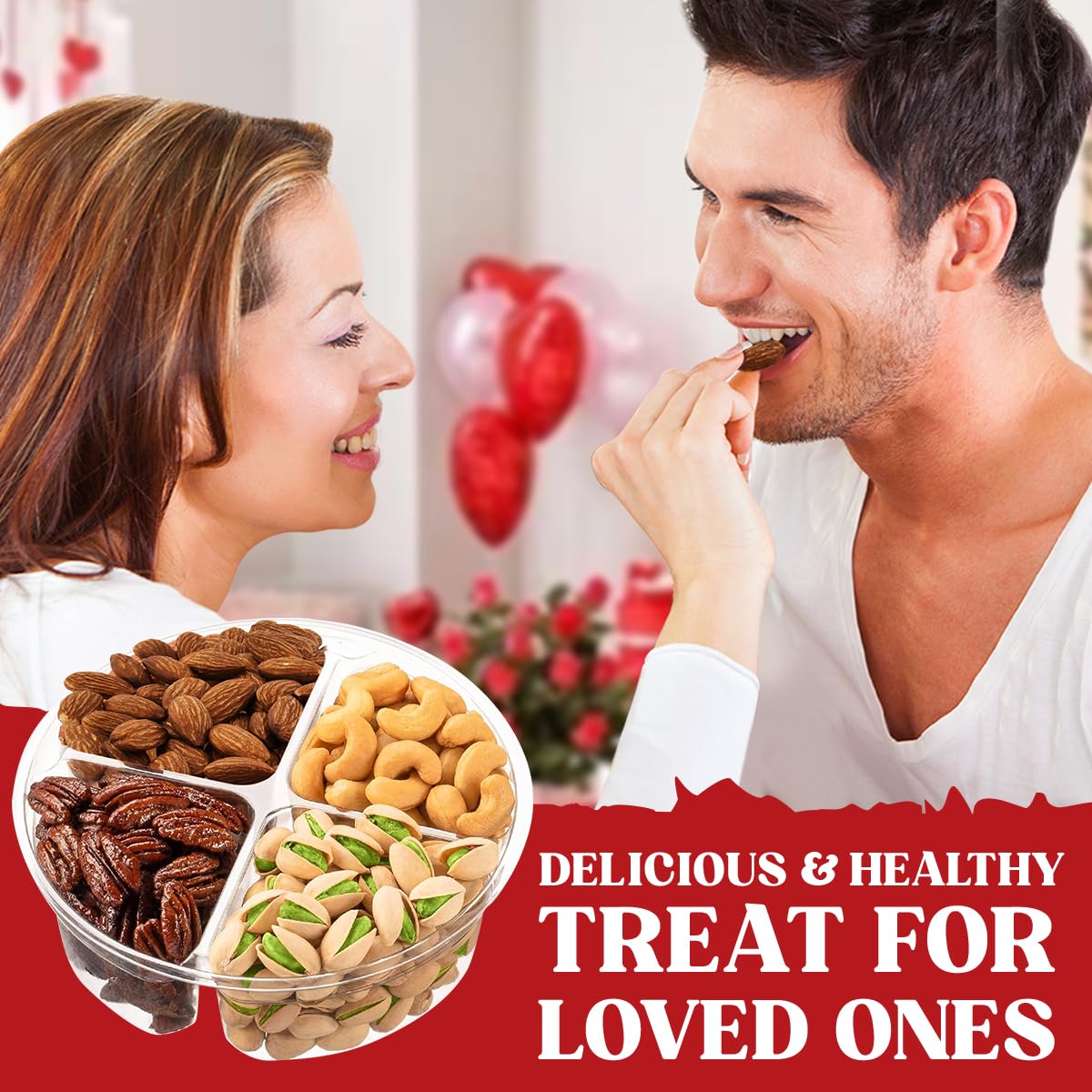 Cesta de regalo de frutos secos, cesta de regalo de nueces gourmet, 4 platos seccionales con una variedad de nueces recién tostadas, bellamente