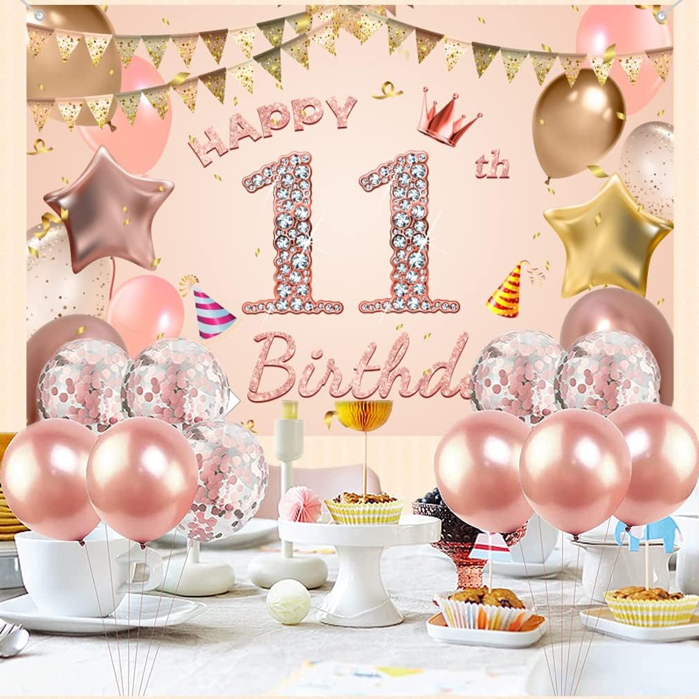 Cartel de tela para decoración de cumpleaños número 11 para niñas de 11 años, cartel de tela para fiesta de cumpleaños de niña, fondo de foto rosa