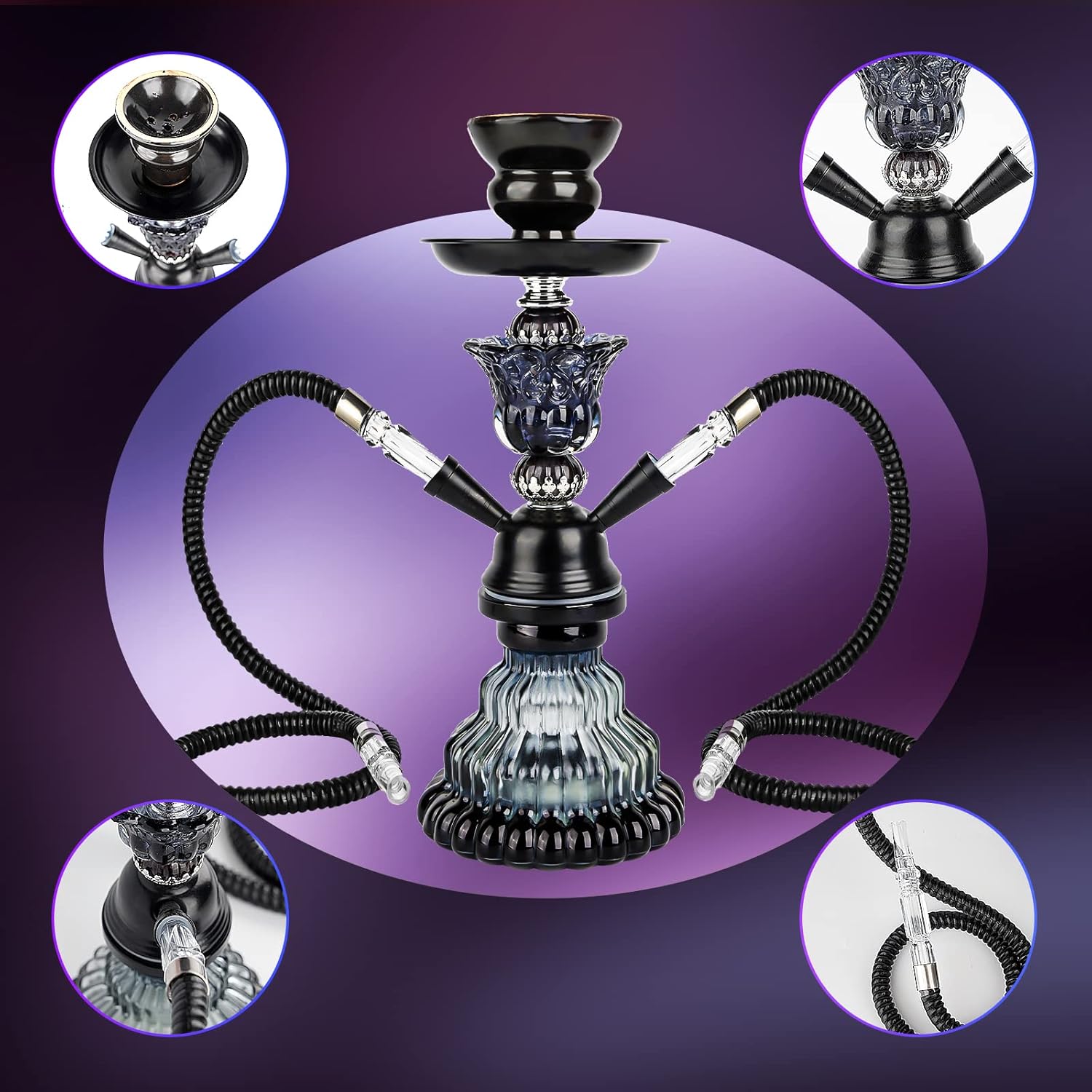 Juego de 2 mangueras de cachimba  Juego de cachimba pequeño de 11 pulgadas con jarrón de vidrio, cuenco de cerámica, manguera de cuero, pinzas de