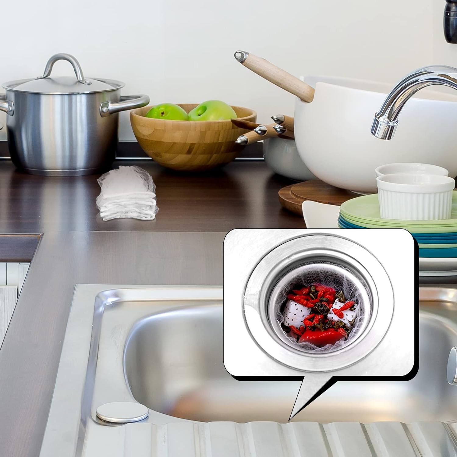 500 bolsas desechables de malla para colador de fregadero de cocina, filtro de malla antiobstrucción, elástico para fregadero de cocina, bolsa de
