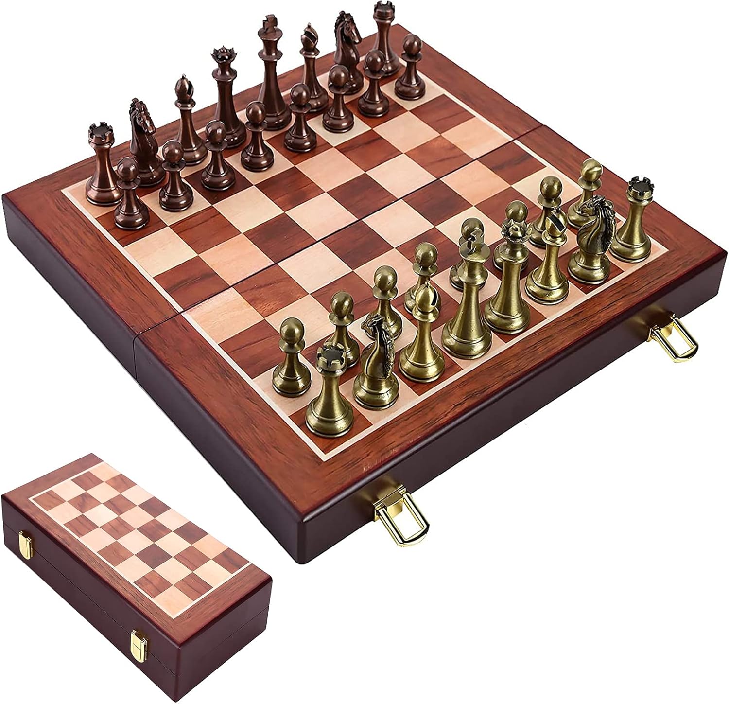 Metal Chess Set with Classic Handmade Standard Pieces Metal Chess Pieces and Folding Wooden Chess Board, Chess Board Game Set for Kids and Adult for