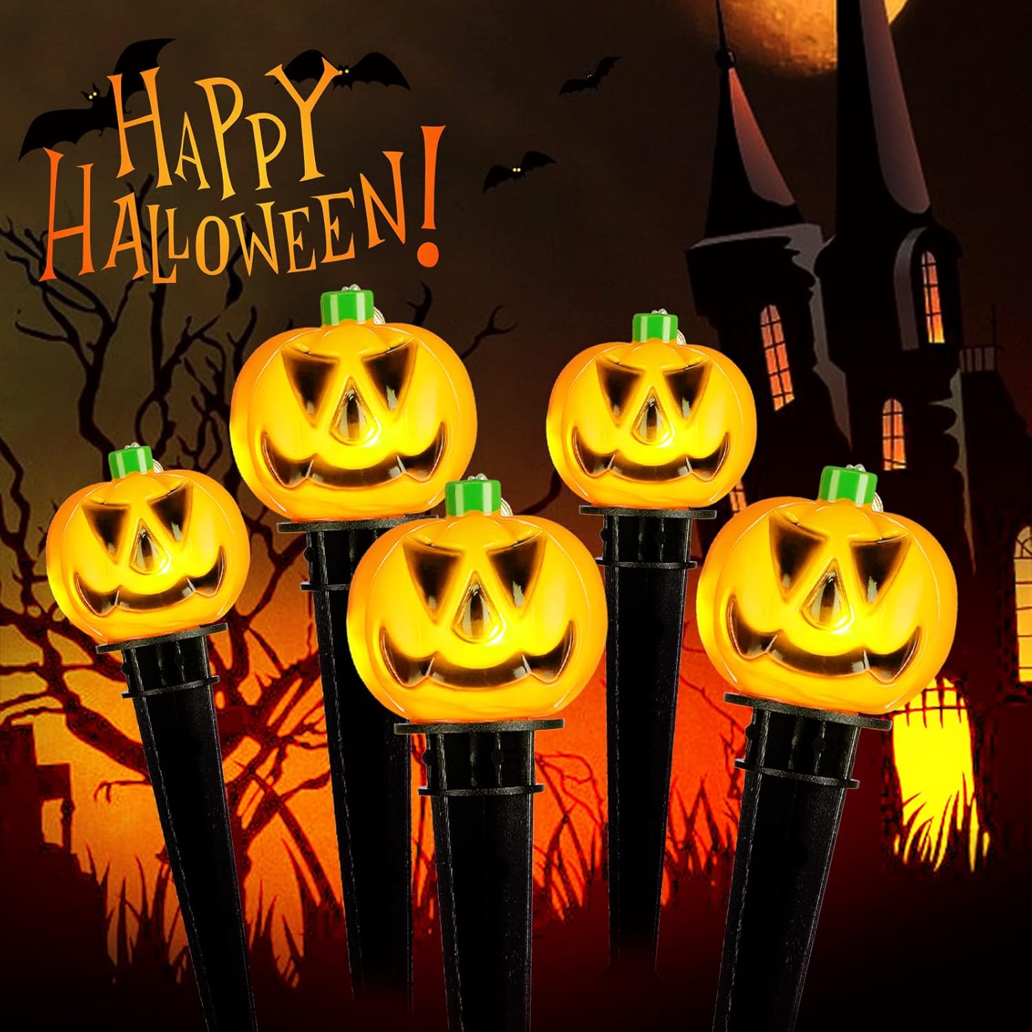 10 piezas de decoraciones de Halloween al aire libre 3D iluminadas con estacas de calabaza iluminadas, calabazas de plástico, luces LED,
