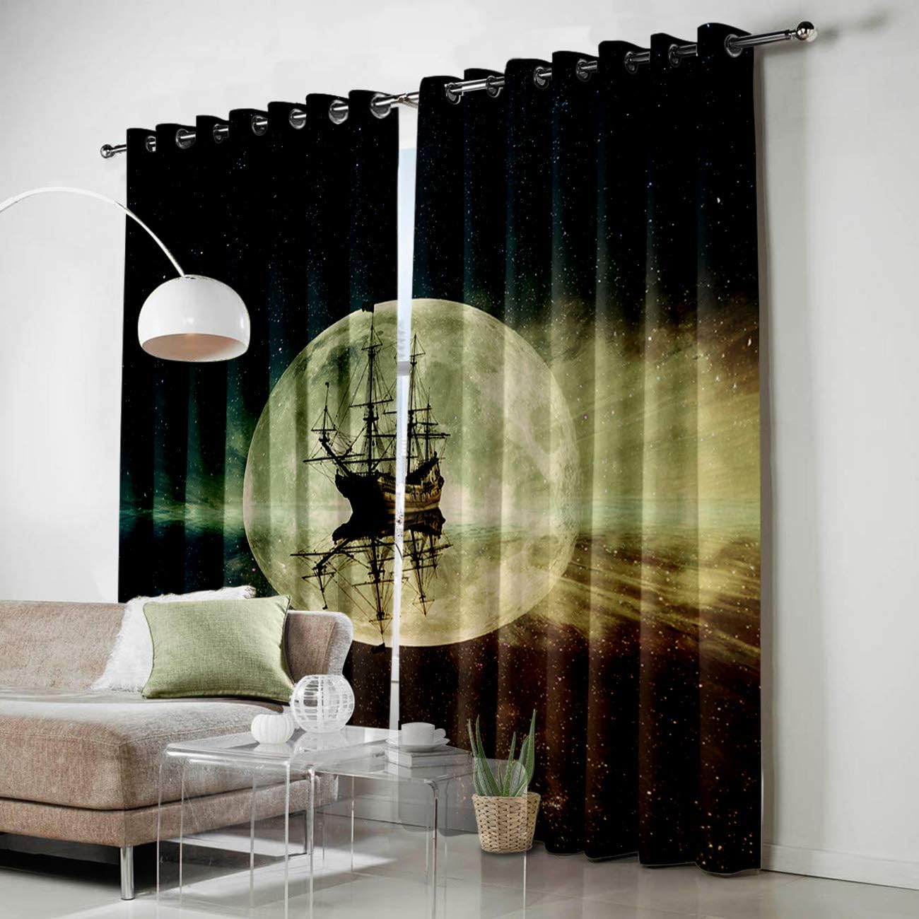 Blackout Curtains Thermal Insulated Ghost Boat in The Space Starry Sky Solid Pattern Metal Grommet Elegant Room Drapes Window Curtain for Bedroom