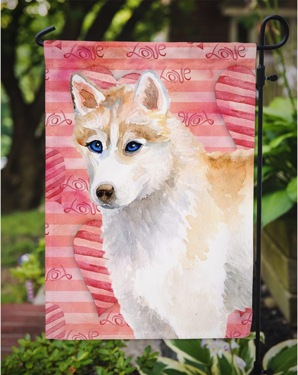 Caroline’s Treasures BB9742GF – Bandera de jardín con texto en inglés “Husky Siberian Love”, color rojo, bandera decorativa para patio exterior,