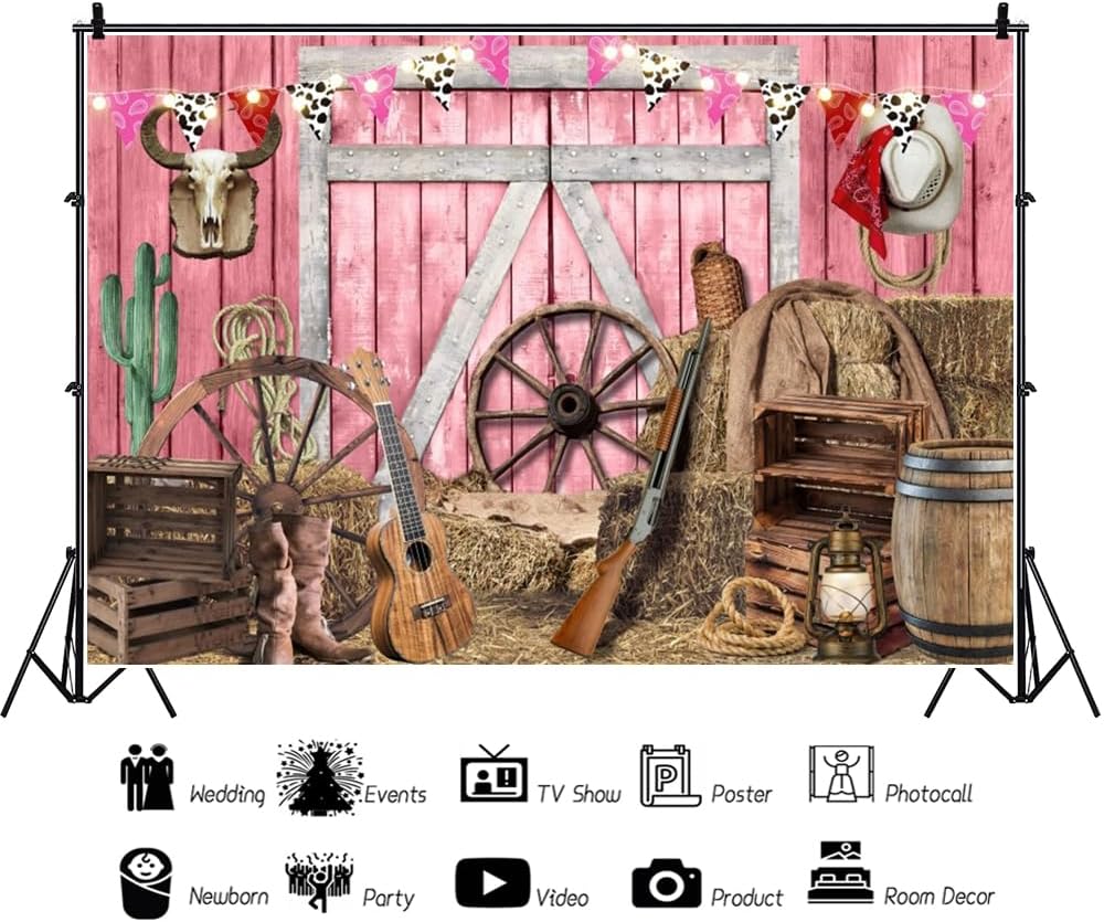 Telón de fondo rosa de vaquera occidental de 5 x 3 pies para sesión de fotos, fondo de madera rosa de granero para fotografía de fiesta de