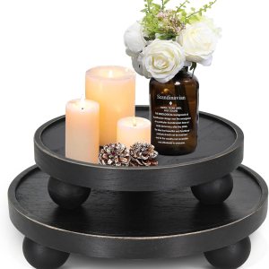 2 bandejas de madera para decoración de encimeras de cocina, elevador redondo de madera para exhibición, soportes de pedestal de granja, soporte de 2 bandejas de madera para decoración de encimeras de cocina, elevador redondo de madera para exhibición, soportes de pedestal de granja, soporte de