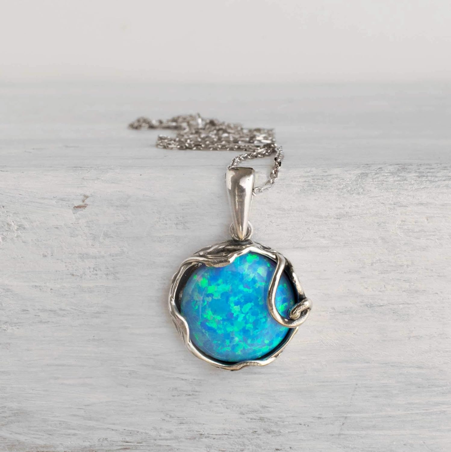 925 Sterling Silver Blue Opal Large Pendant Libra Natural October Birthstone Round Pendant Antique Jewelry For Women  Handmade Vintage Style Fire
