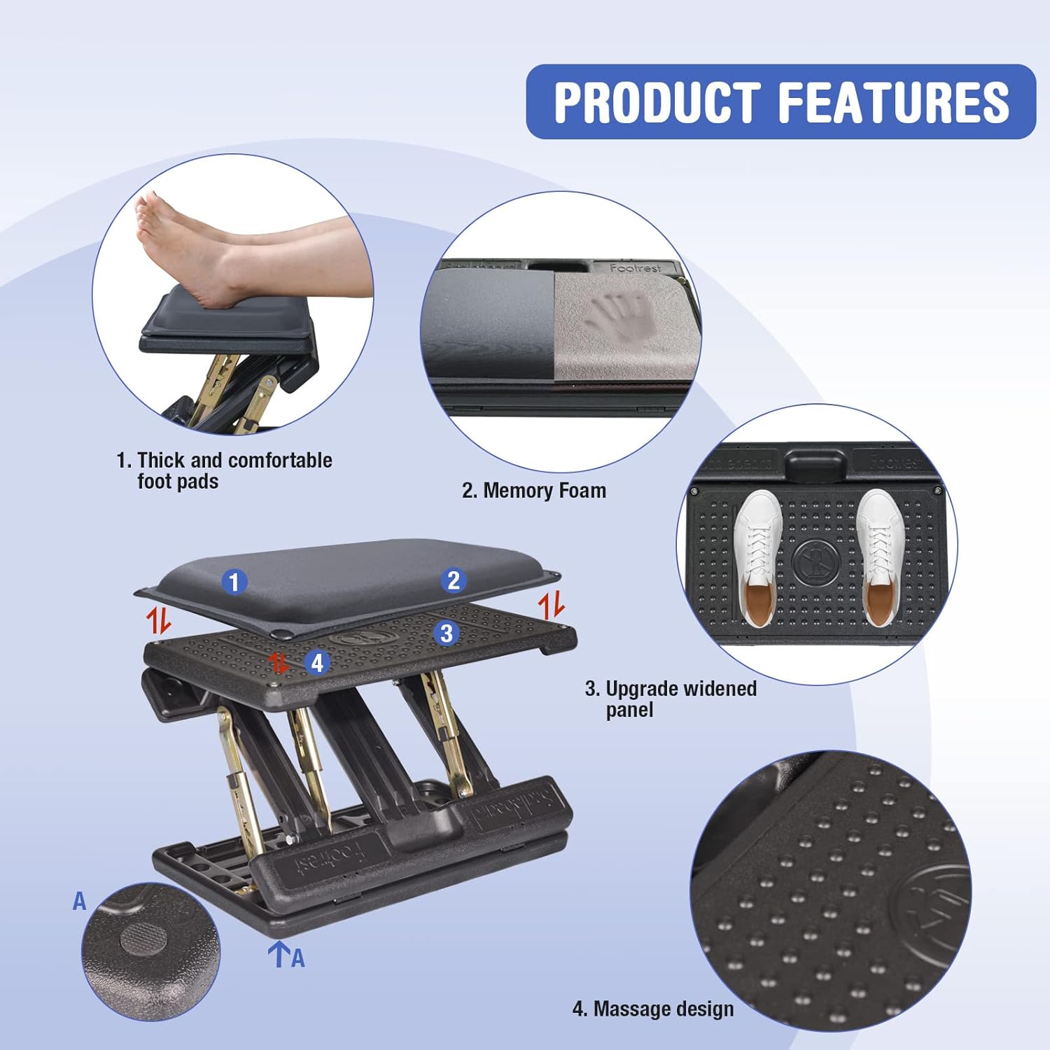 Reposapiés para debajo del escritorio en el trabajo, altura ajustable de 4 niveles, reposapiés plegable ergonómico para oficina, juegos,