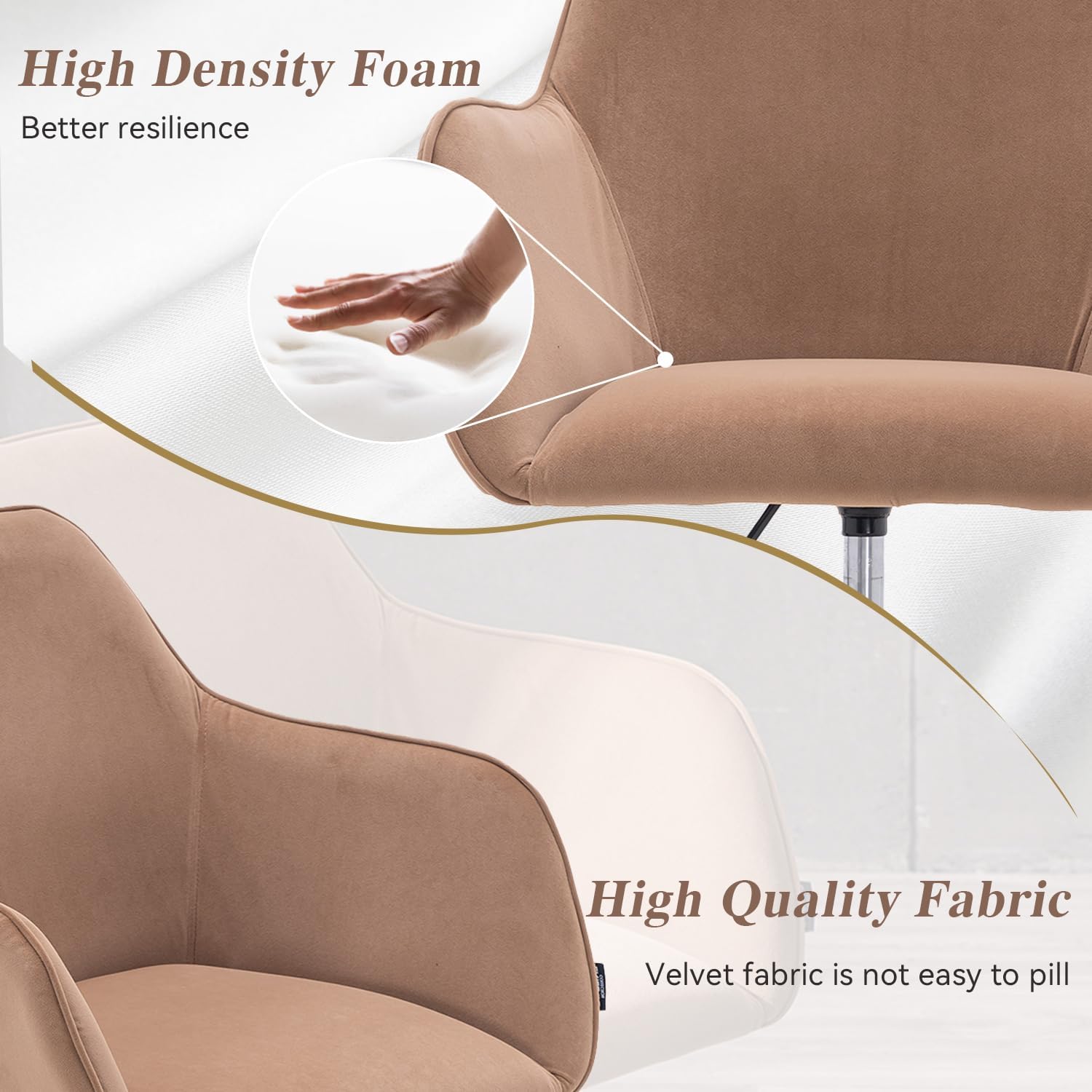 Silla de oficina en casa de terciopelo, bonita silla giratoria de escritorio con ruedas, moderna silla de tocador ajustable con base dorada para