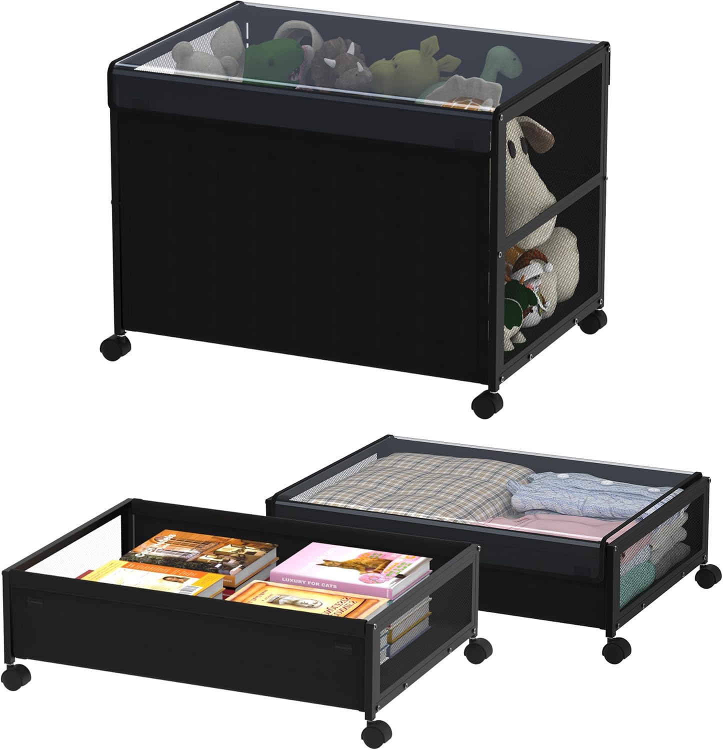 ANGELLOONG Organizador de juguetes de almacenamiento debajo de la cama con ruedas, organizador de caja de juguetes de 100 litros de gran capacidad,