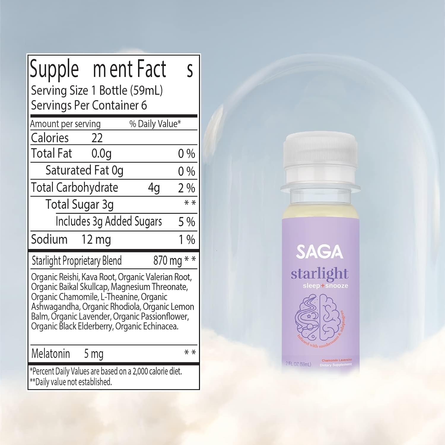 SAGA Starlight – Suplemento para dormir con hongos para el bienestar, bebida funcional para relajación, calma y apoyo al sueño con Ashwagandha,