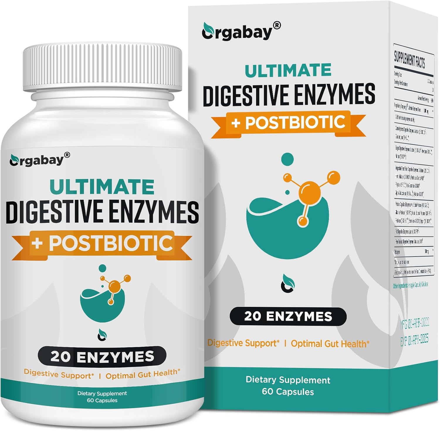 Orgabay Enzimas digestivas de 1000 mg con postbióticos, mezcla de 20 enzimas para hinchazón, digestión óptima y función intestinal, 60 cápsulas