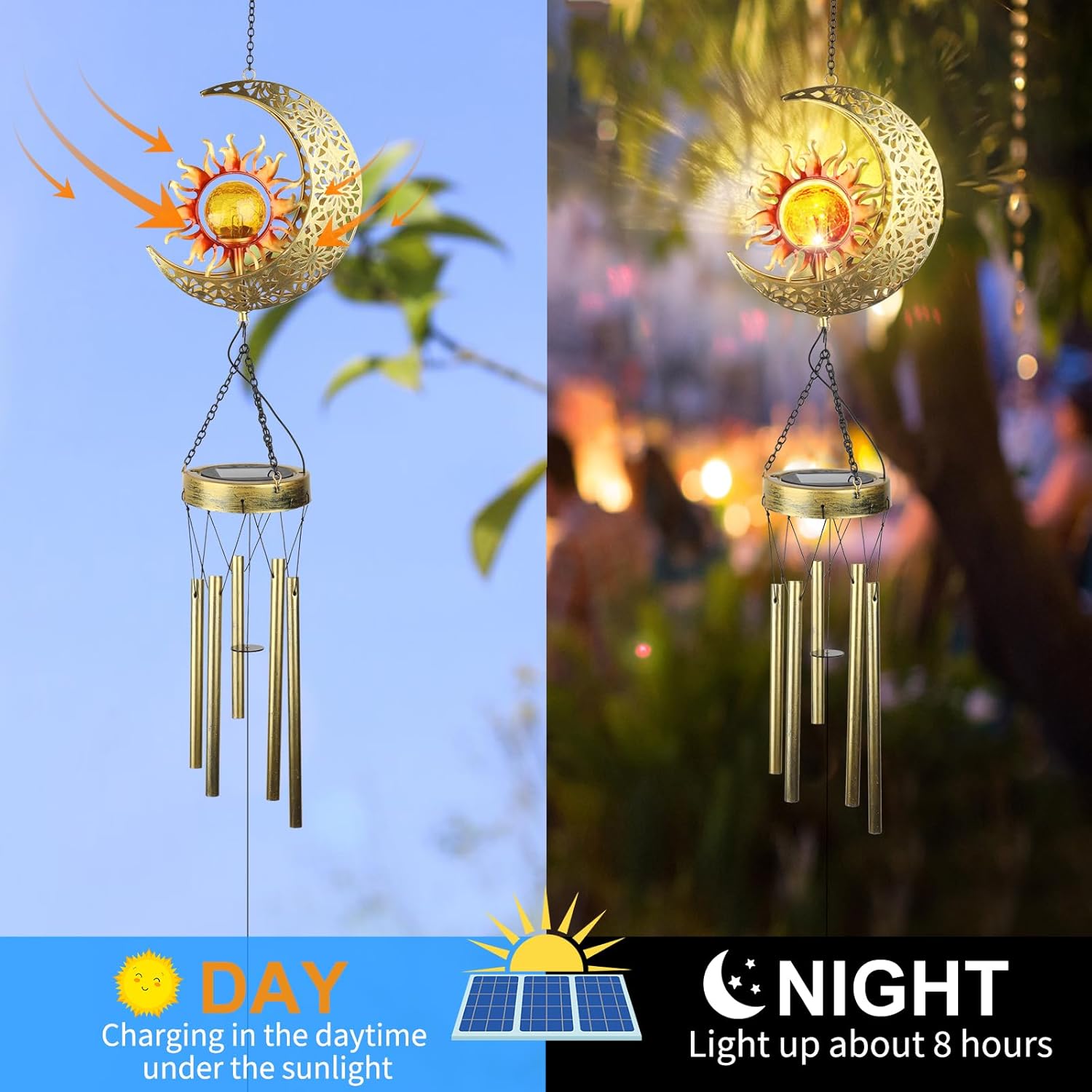 Klmnduo Campanillas de viento, bola de vidrio agrietada de sol y luna con increíble tono profundo, luces solares LED impermeables para decoración de