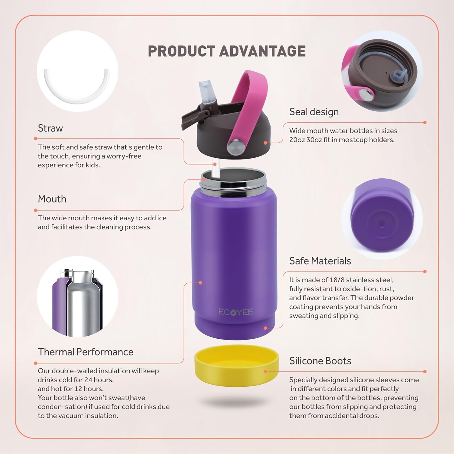Botella de agua aislada de acero inoxidable de 12 onzas para niños, tapa abatible de silicona de grado alimenticio, asa de transporte, base