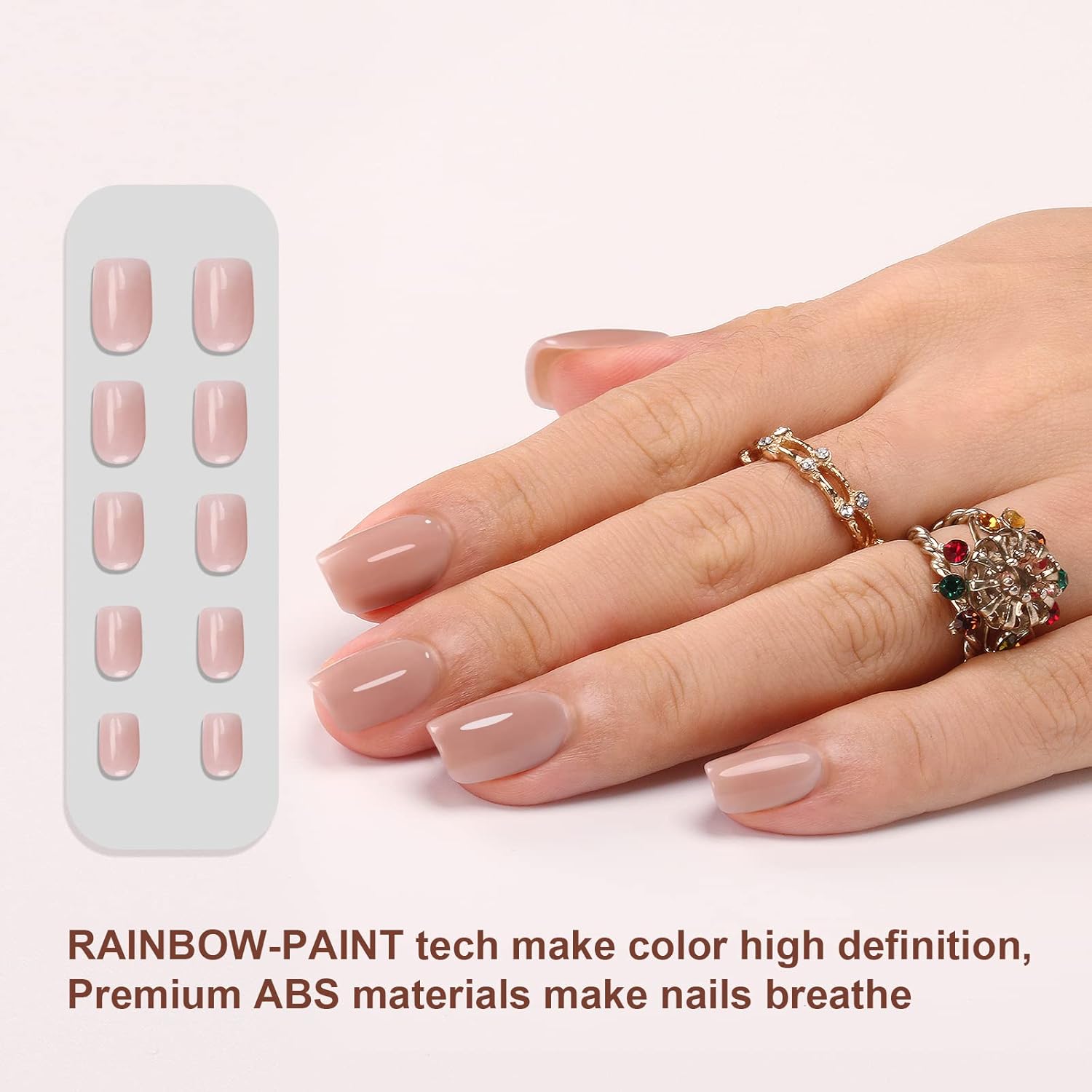 Polychrome&air Uñas postizas cortas Squoval ABS de ajuste natural con pegamento de gelatina, uñas postizas reutilizables para mujer y niña, uñas