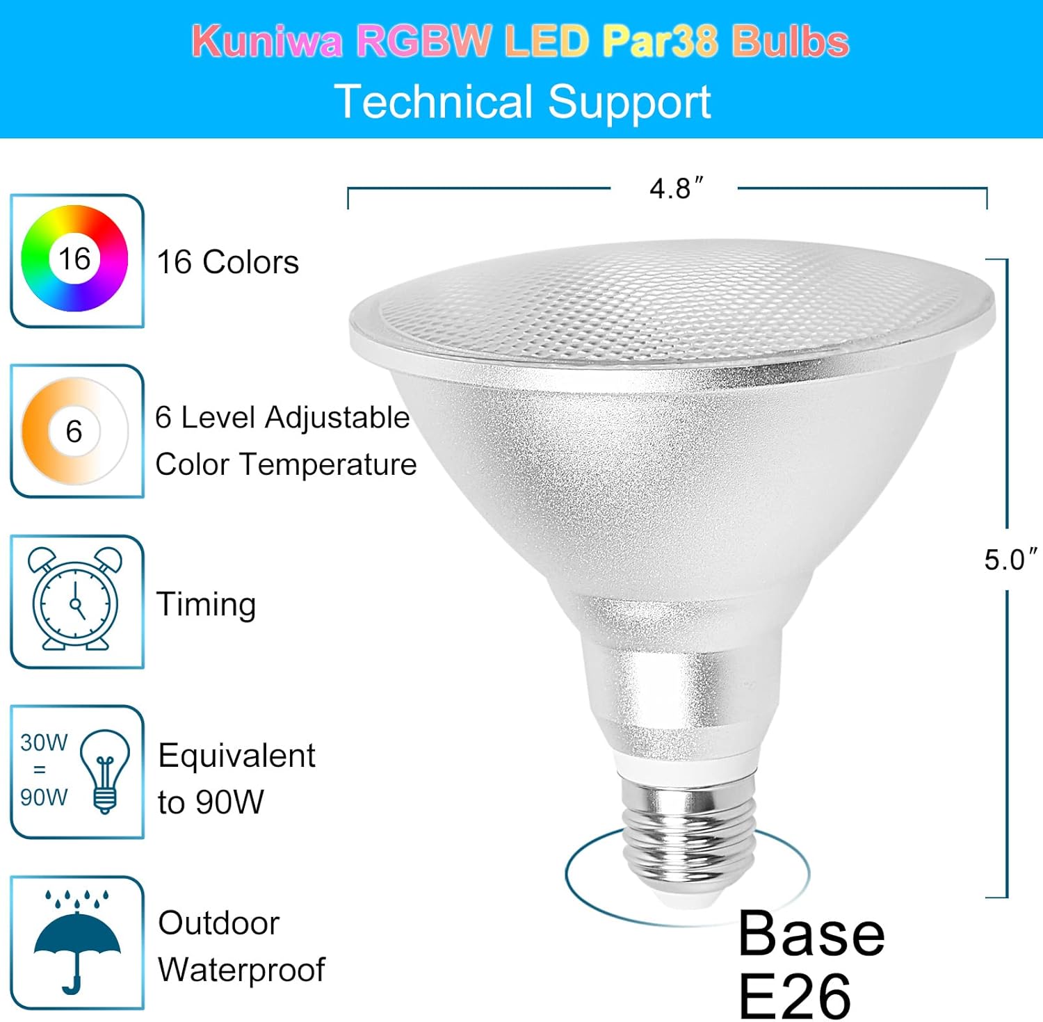 Kuniwa Paquete de 2 bombillas de inundación PAR38 para exteriores de 30 W, LED que cambia de color a prueba de agua, equivalente a 100 W,