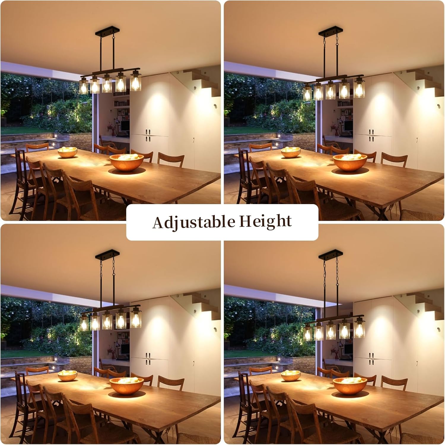 Kitchen Island Lighting – Lámparas de comedor de 5 luces sobre mesa, candelabros negros de granja para comedor con pantalla de vidrio transparente y