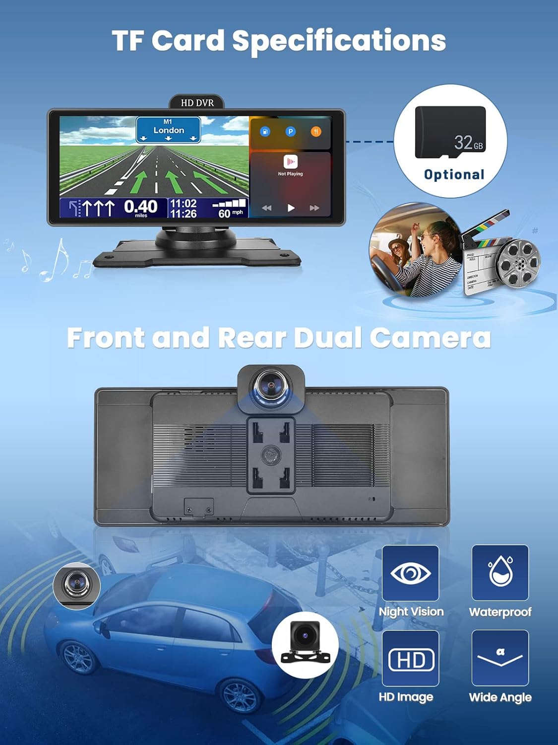 Pantalla Apple Carplay de 10.26 pulgadas con cámara frontal 4K y cámara trasera de 1080P, pantalla Hikity portátil inalámbrica Android Auto para
