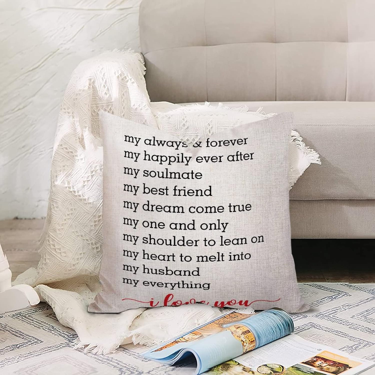 Inspirational Family Quote My Always & Forever My Happily Ever After My Soulmate Modern Accent Decorative Pillow Cotton Linen Decor Decorations for