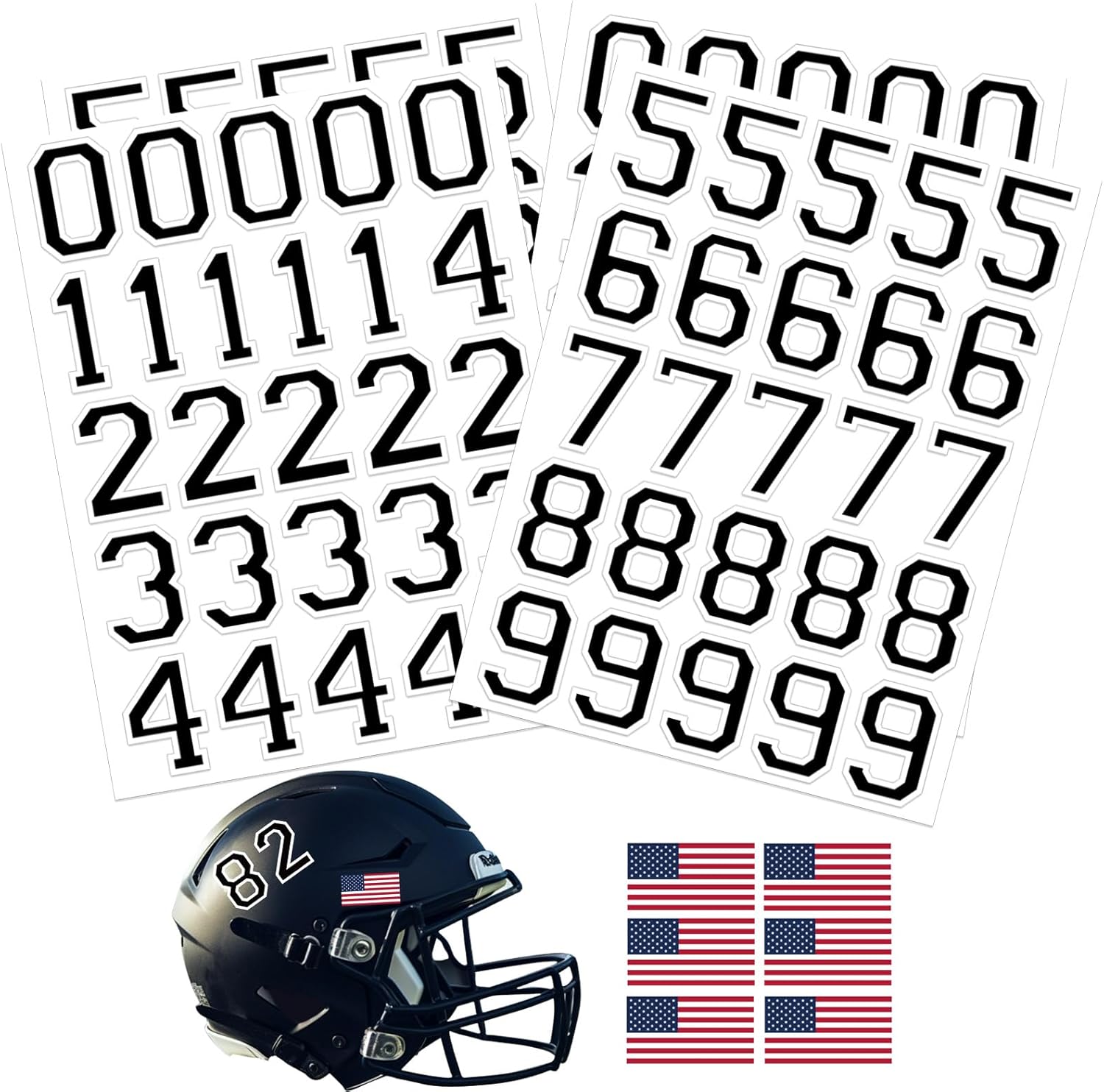 108 calcomanías de números de casco deportivo, calcomanías de números de casco de 1.5 pulgadas y calcomanías de bandera estadounidense de 2